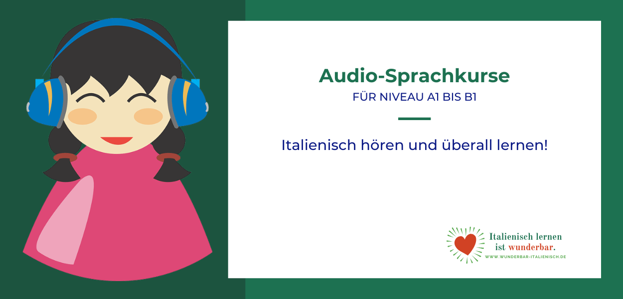 Teaser für Audio-Sprachkurse mit der Abbildung einer Person mit Kopfhörern  mit beschreibendem Text