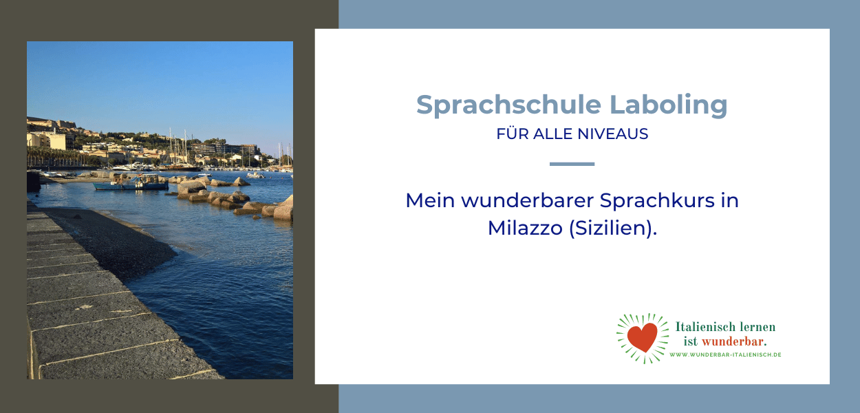 Teaser für die Sprachschule Laboling mit der Abbildung der Promenade von Milazzo mit beschreibendem Text
