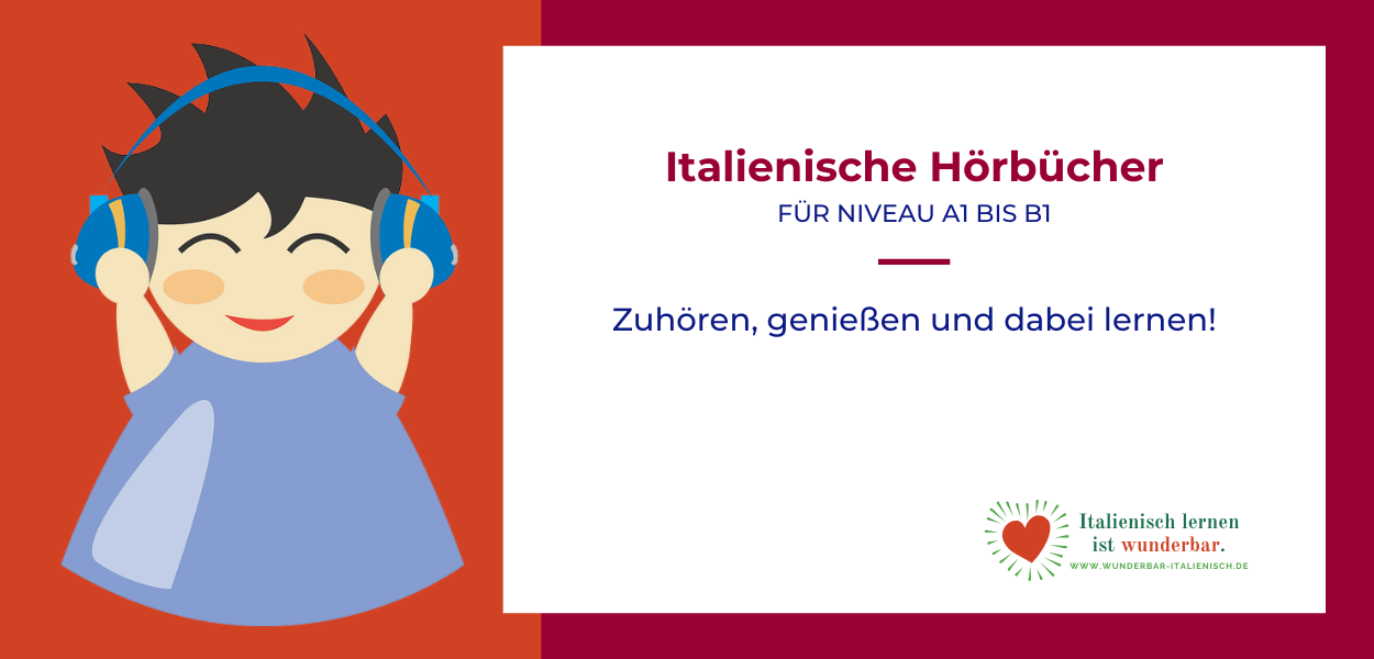 Figur mit Kopfhörern hört italienische Hörbücher