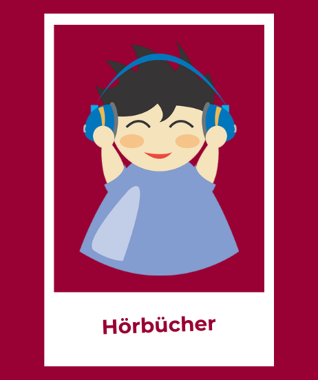 Figur mit Kopfhörern hört italienische Hörbücher