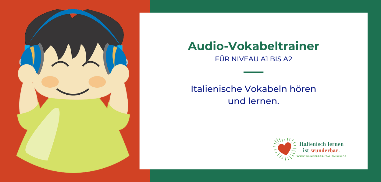 Teaser-Bild für Audio-Vokabeltrainer mit der Abbildung einer Person mit Kopfhörern mit beschreibendem Text