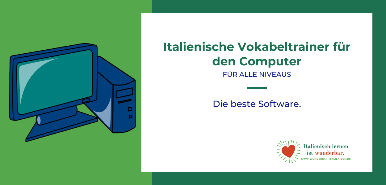 Teaser-Bild für Vokabeltrainer für den Computer mit der Abbildung eines Monitors mit beschreibendem Text